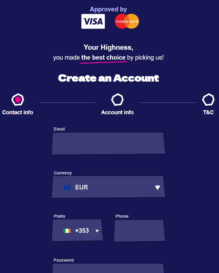 registration form in Royspins Casino